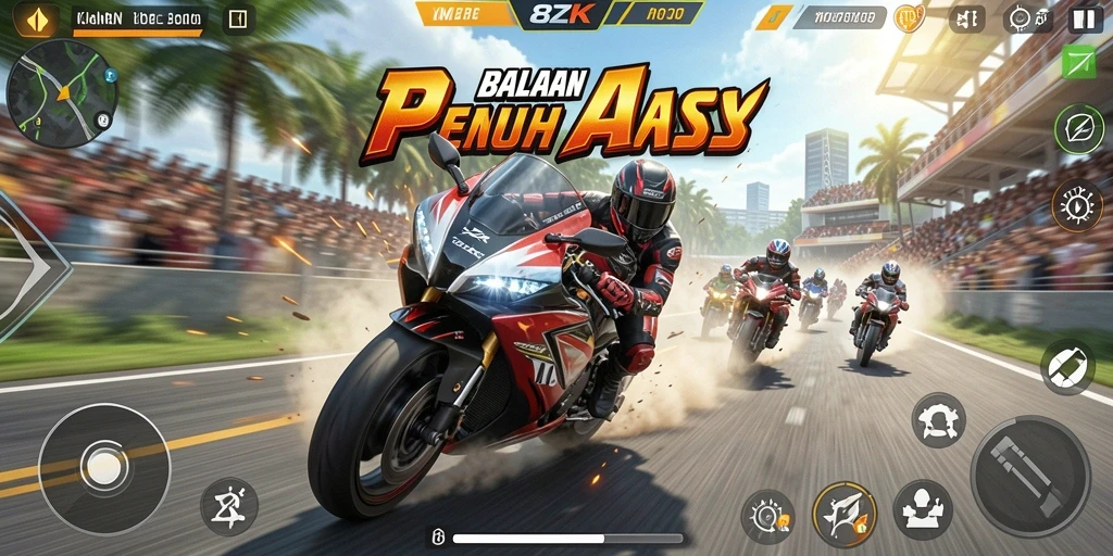 Tangkapan layar gameplay 8ZK menampilkan adu balap motor yang mendebarkan.