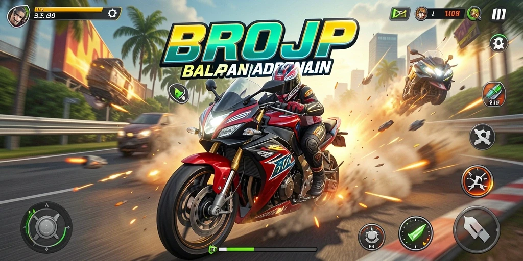Gambaran balapan mendebarkan dalam BROJP dengan motor yang cepat.