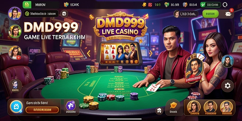Tangkapan layar gameplay DMD999 menampilkan dealer langsung dengan suasana kasino yang mengesankan.