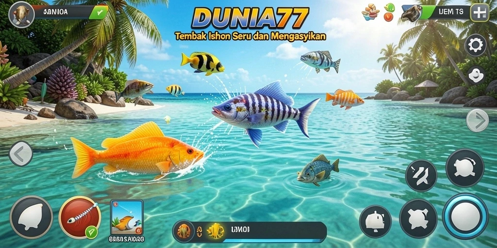 Tampak gameplay menarik dari DUNIA77 saat menembak ikan di bawah laut.