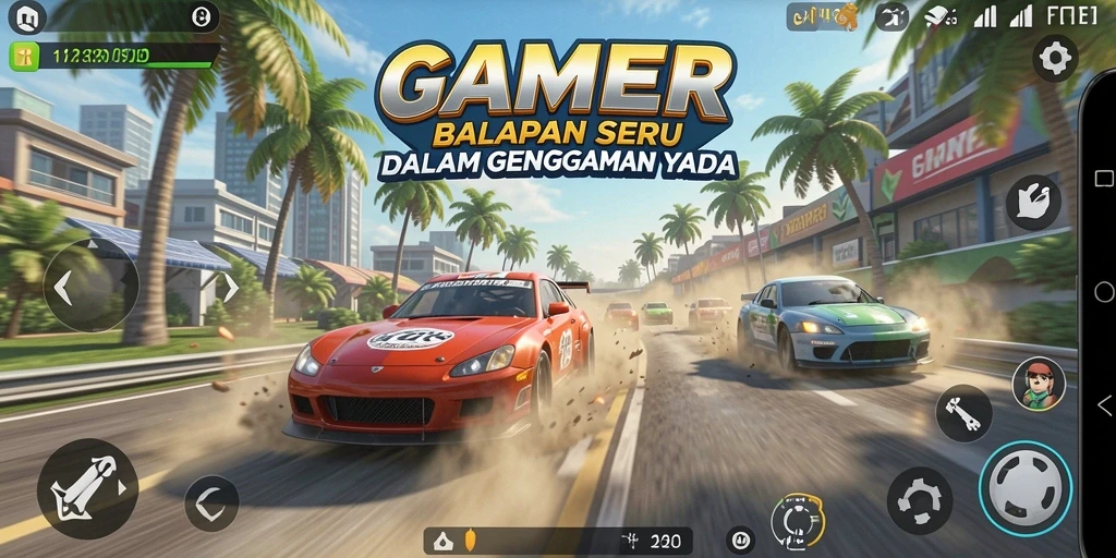 Screenshot utama GAMERP menampilkan aksi balap mendebarkan di trek yang penuh tantangan.