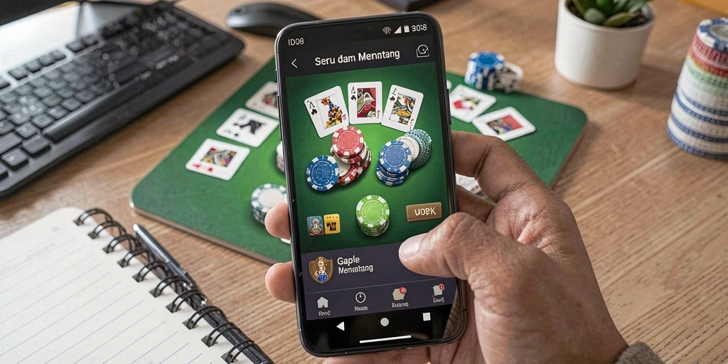 Screenshot gameplay ID098 menunjukkan suasana bermain Gaple yang seru.