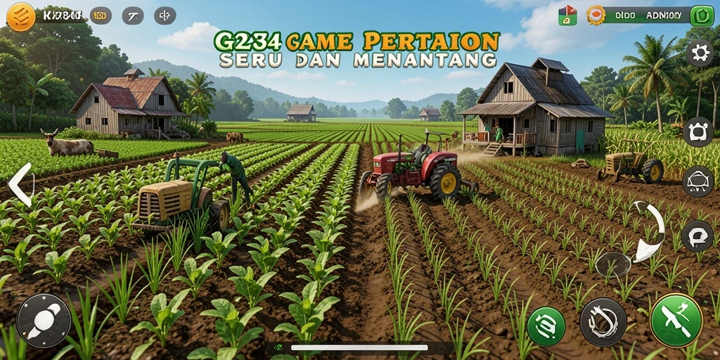 Tangkapan layar utama menampilkan pemain mengelola ladang pertanian.