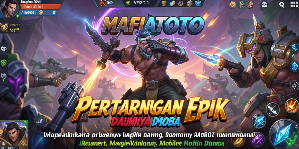 Screenshot menampilkan aksi seru dalam MAFIATOTO, dengan karakter yang bertarung di arena MOBA.