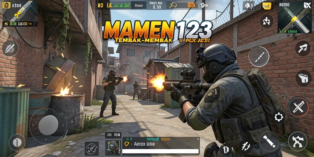 Screenshot MAMEN123 menampilkan aksi tembak-menembak seru.