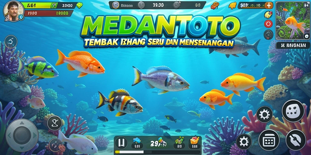 Tampilan gameplay seru dari MEDANTOTO dengan ikan dan senjata berwarna-warni.