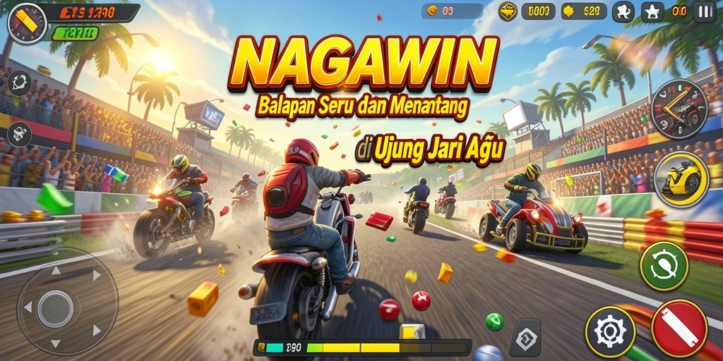 Tampilan gameplay seru NAGAWIN saat balapan di lintasan.