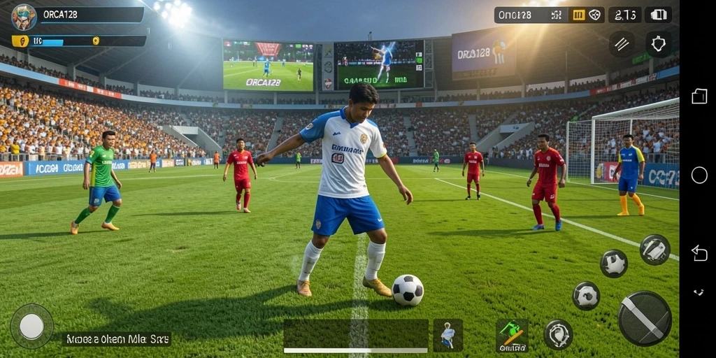 Tampilan menarik dari gameplay sepak bola di ORCA128.