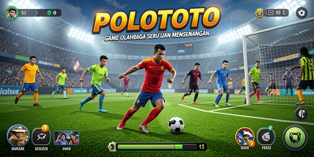Screenshot utama POLOTOTO memperlihatkan aksi seru dalam permainan olahraga.