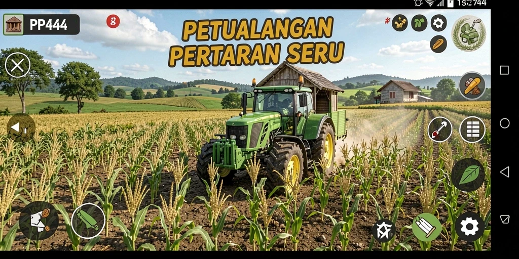Tampilan gameplay seru PP444 dengan aktivitas bertani.
