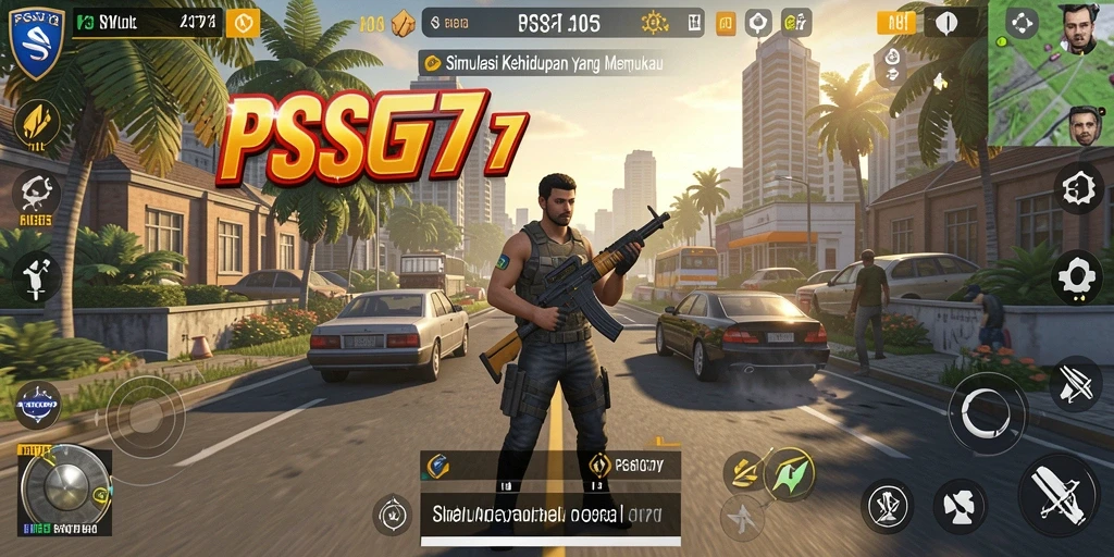 Screenshot utama menunjukkan gameplay interaktif dalam PSG77.