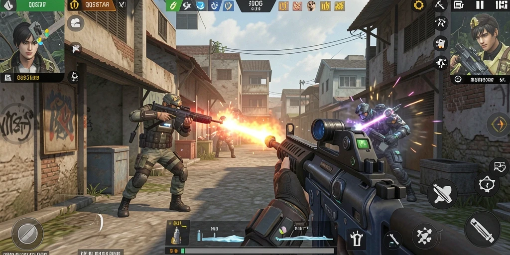 Tangkapan layar menampilkan aksi intens dalam gameplay FPS QQSTAR.