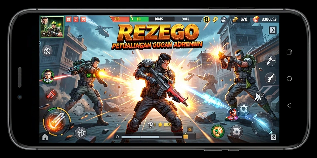 Tampilan gameplay intens REZEGO dengan aksi cepat dan grafis menakjubkan.