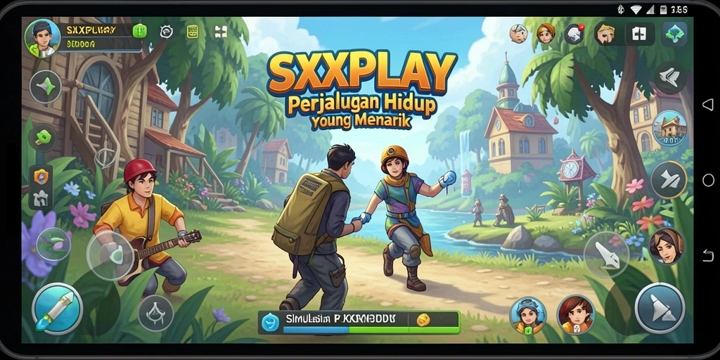 Tangkapan layar SXXPLAY menampilkan karakter dalam dunia simulasi yang penuh warna.