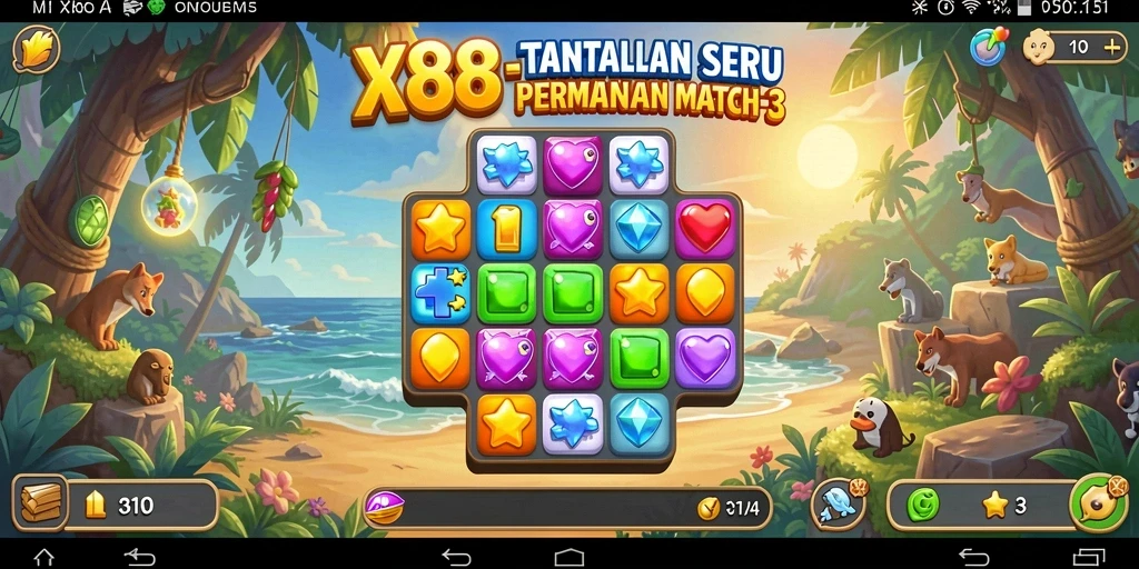 Screenshot X88 menunjukkan gameplay seru Match-3 yang penuh warna.