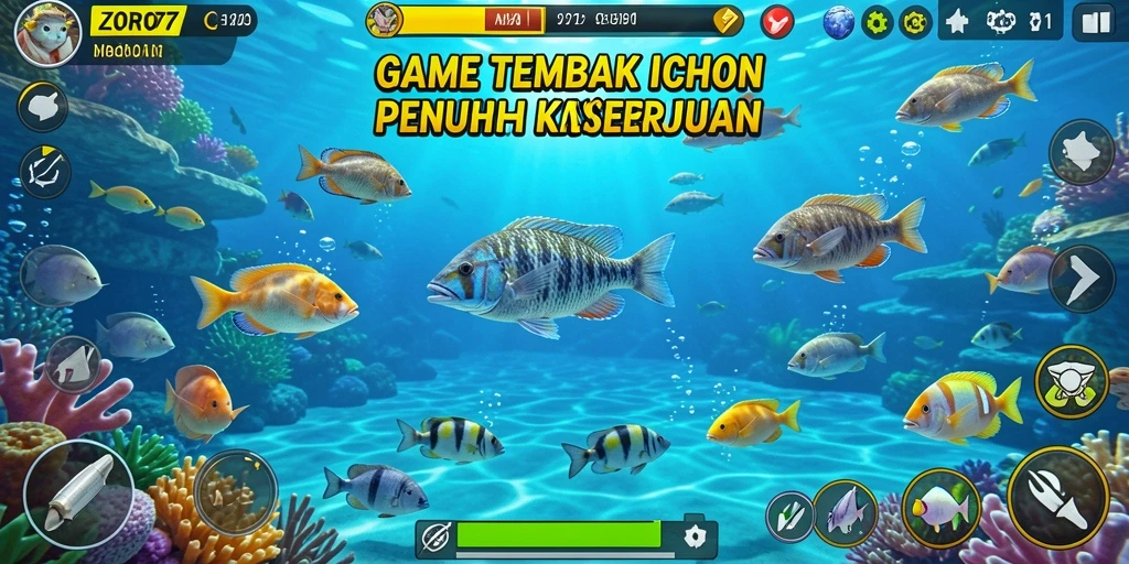 Tampilan gameplay ZORO77 dengan berbagai ikan yang dapat ditangkap.